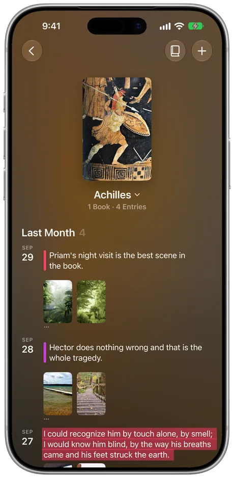 Excerpta on iPhone: one character's quotes across a book.