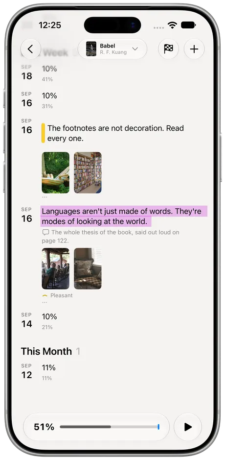 Excerpta on iPhone: Quotes, notes and progress in one thread.