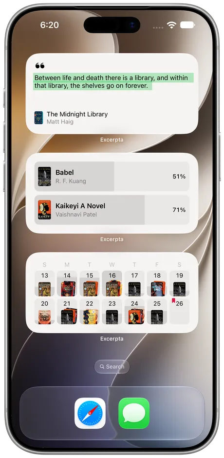 Excerpta on iPhone: a quote, the current book and the reading calendar as widgets.