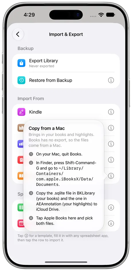 Excerpta on iPhone: the Apple Books import steps, shown beside the Apple Books row.