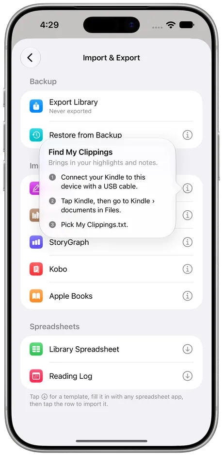 Excerpta on iPhone: the Kindle import steps, shown beside the Kindle row.