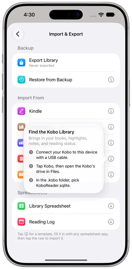 Excerpta on iPhone: the Kobo import steps, shown beside the Kobo row.