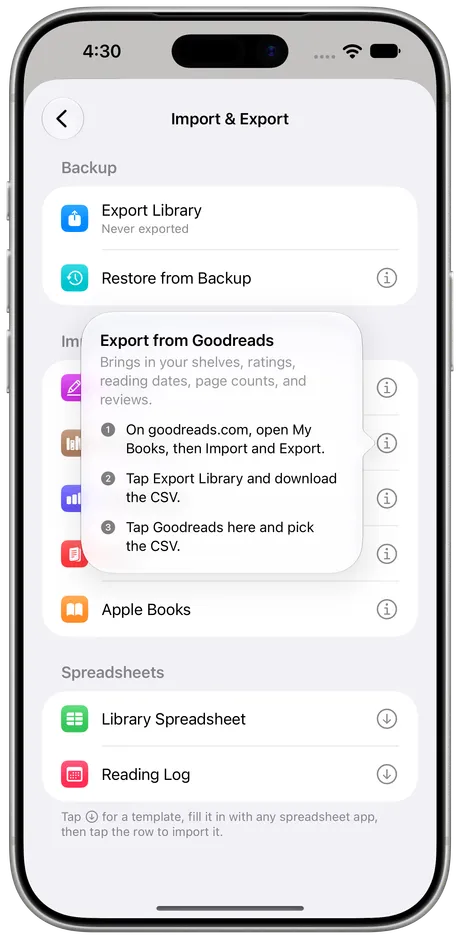 Excerpta on iPhone: the Goodreads import steps, shown beside the Goodreads row.