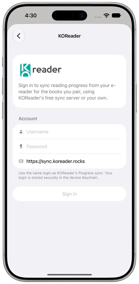 Excerpta on iPhone: the KOReader sign-in, with username, password, and server.