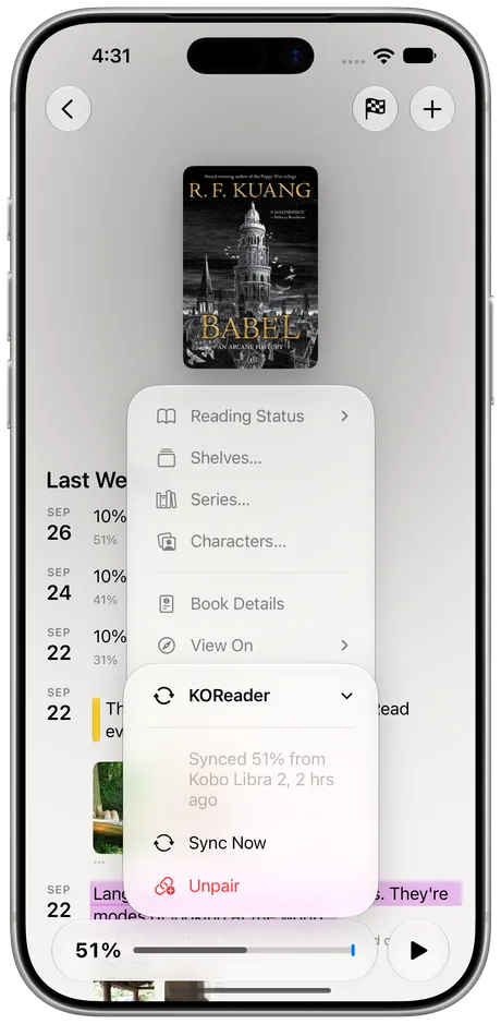 Excerpta on iPhone: a paired book's KOReader menu, synced 51% from a Kobo Libra 2.