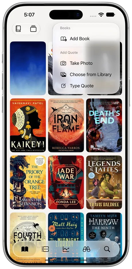 Excerpta on iPhone: the + menu, with Take Photo, Choose from Library, and Type Quote.