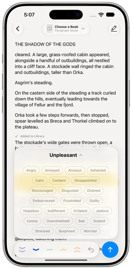Excerpta on iPhone: the mood picker on a new quote, opened to its feelings.